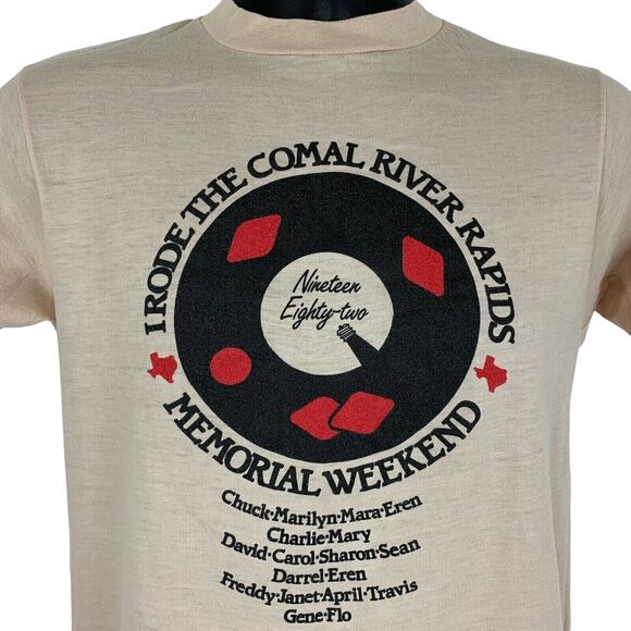 Vintage 80s Rode The Comal River Rapids T Shirt Mens Small Tubing Texas Beige - Picture 1 of 10